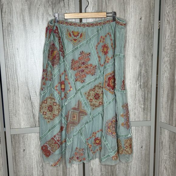 Sundance Skirt XL Green Embroidered Boho Mesh Patchwork Floral Midi - Picture 1 of 7